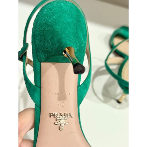 Prada Suede Slip On Mid Heel Slingback Sandals Green/Gold Women's Size EU 40 - Picture 6 of 7
